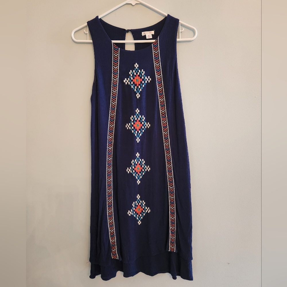 XHILARATION Navy Embroidered Dress with Front pattern and button back.  Size M